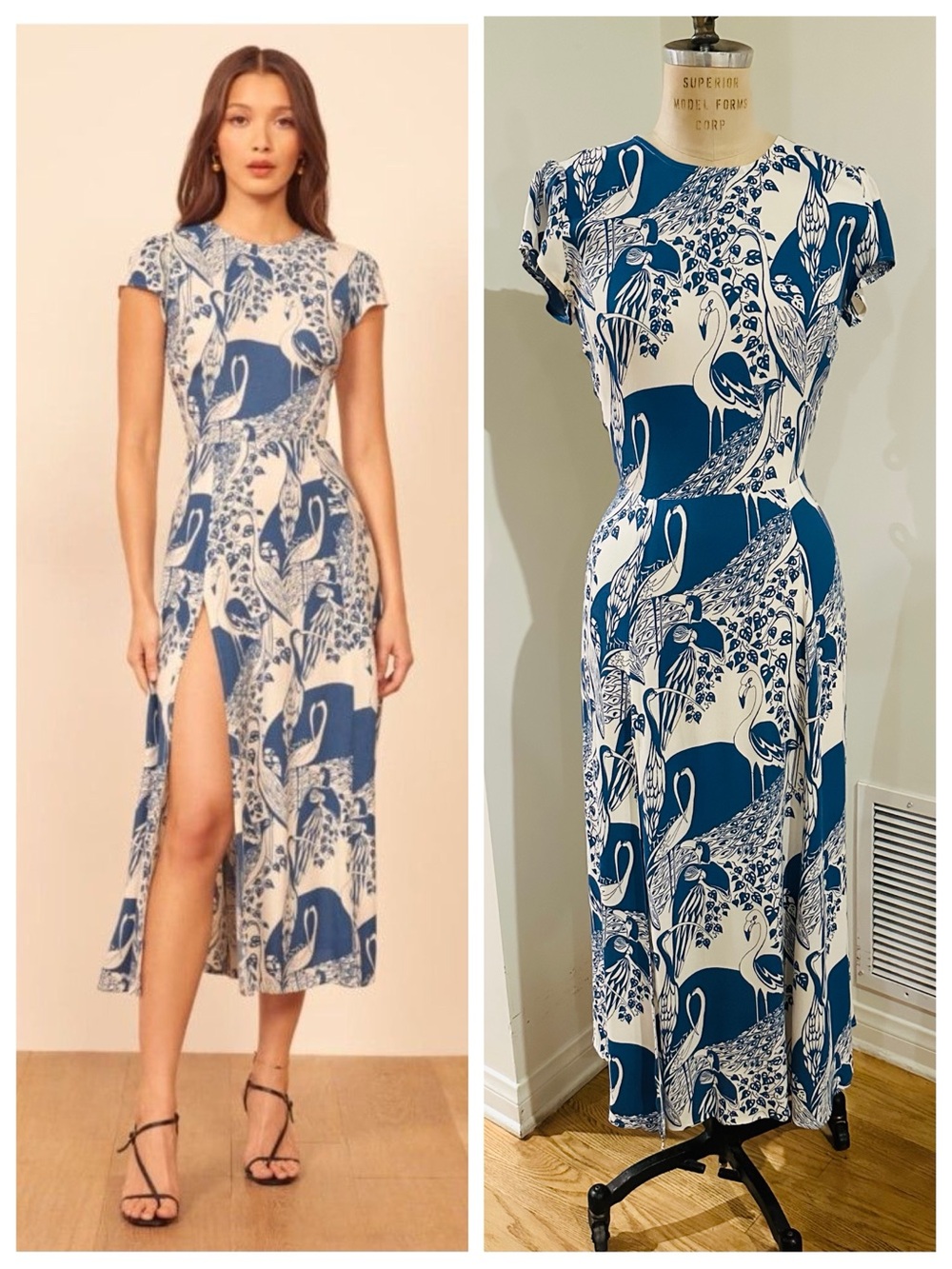 REFORMATION Gavin Open Back Midi Dress w/ Slit in Avian Blue & Cream, Size 8 - Picture 2 of 7